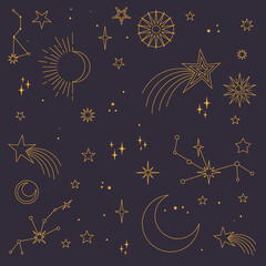 Stars, moons and constellations. Linear design astrology elements. Seamless pattern of celestial space background.