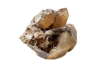 Macro mineral stone smoky quartz on a white background