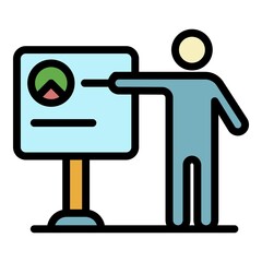Man near the flipchart icon. Outline man near the flipchart vector icon color flat isolated
