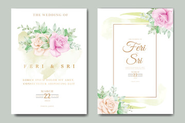 wedding invitation card with floral leaves watercolor template