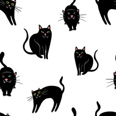 Seamless vector repeat pattern with black cheeky cat in different poses on white background. Sitting, stretching, arched back cats for Halloween and everyday use.
