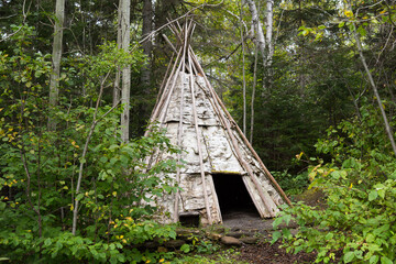 Wood and birch bark traditional native tipi, Gaspé, Quebec, Canada © Anne Richard