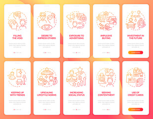 Naklejka premium Consumerism red gradient onboarding mobile app page screen set. Excessive buying walkthrough 5 steps graphic instructions with concepts. UI, UX, GUI vector template with linear color illustrations