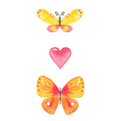 Watercolor butterflies and heart
