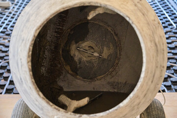 Inside view of a concrete mixer.