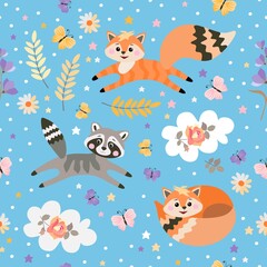 Cute seamless pattern with foxes and raccoon among flowers, leaves and stars on light blue background.