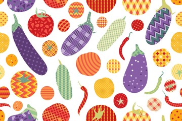 Colorful vegetables in patchwork style on white background. Vector seamless pattern.