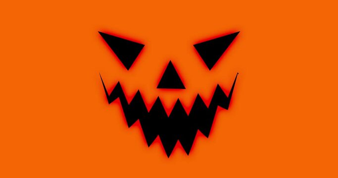 Black scary pumpkin face with red glow on orange background. Halloween concept. 4k resolution animation.