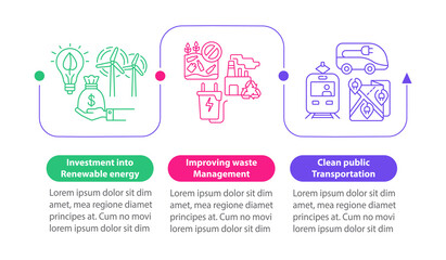 Prevent climate change vector infographic template. Clean transport presentation outline design elements. Data visualization with 3 steps. Process timeline info chart. Workflow layout with line icons