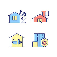 Home construction safety RGB color icons set. Sound insulation. Minimum chimney height. Sanitation facilities. Resistance to fire. Isolated vector illustrations. Simple filled line drawings collection