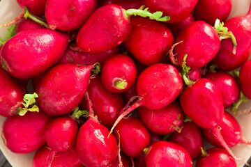 appetizing crispy radishes on wooden table