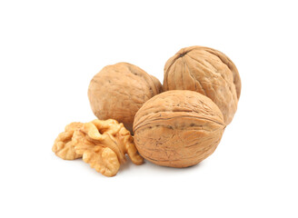 Pile of ripe walnuts on white background