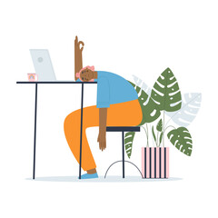 A girl lies face down on the table. A student who is tired of studying. A manager under stress at work. Professional burnout syndrome. Flat vector illustration of a character