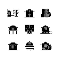 Building safety regulations black glyph icons set on white space. Adequate housing. Resistance to fire. Electricity supply. Evacuation route. Silhouette symbols. Vector isolated illustration