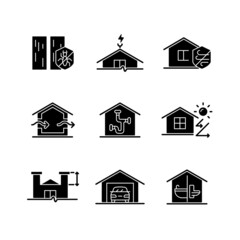 Home building standards black glyph icons set on white space. Pest management. Lightning rod. Weather resistance. Ventilation. Heat insulation. Silhouette symbols. Vector isolated illustration