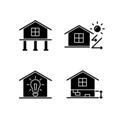 Residential building black glyph icons set on white space. Pile foundation. Thermal insulation. Electricity supply to home. Adequate plinth height. Silhouette symbols. Vector isolated illustration