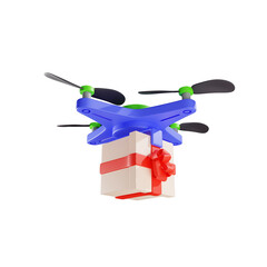 3d delivery of gift by drone, contactless delivery, parcel delivery, modern technologies. Isolated illustration on white background, 3D rendering