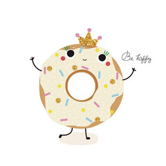 Princess donut with glitter crown. Childish cute print. Vector hand drawn illustration.