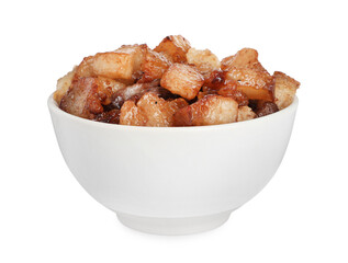 Tasty fried cracklings in bowl on white background. Cooked pork lard