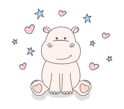 Little hippo on a white background with small blue stars and pink hearts. Cute smiling hippopotamus, tiny sitting behemoth. Vector illustration for poster, greeting card, banner, printing on apparel