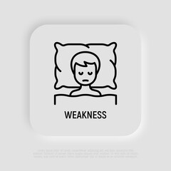 Human lying in bed and feels weakness. Thin line icon of illness symptom. Modern vector illustration.