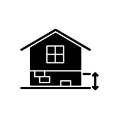 Adequate plinth height black glyph icon. Foundation construction. Footing depth. Building regulation. Residential construction. Silhouette symbol on white space. Vector isolated illustration