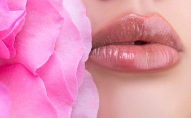 Closeup sensual lips. Woman mouth. Sexy plump lip lipstick.