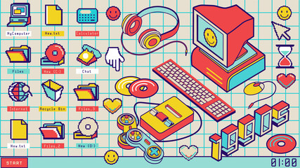 Retro pc folders, icons. Pixel shortcuts application: my computer, disk D, calculator, recycle bin. 90's desktop editable background .Old computer aesthetic illustration,  nostalgia sticker pack. - obrazy, fototapety, plakaty