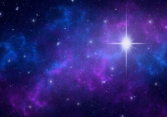 Christmas star glowing in night sky. Nebula and stars in space background.