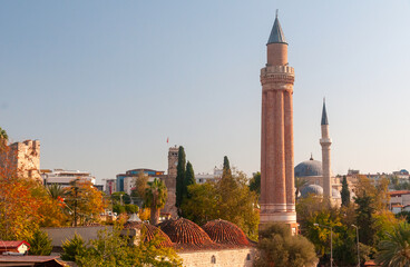minaret tower in Antalya on a clear autumn day
