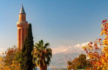 minaret tower in Antalya on a clear autumn day