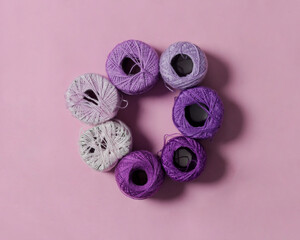 Embroidery thread made especially for embroidery. Yarn with a fine and soft texture. Embroidery threads of various colors. Yarn mockup. Focus blur.