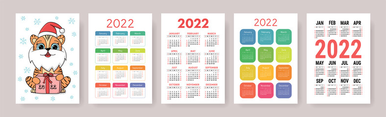 Tiger calendar 2022. Vector design template collection. Week starts on Sunday. Cartoon Chinese New year horoscope