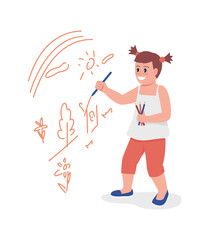 Toddler girl drawing on wall semi flat color vector character