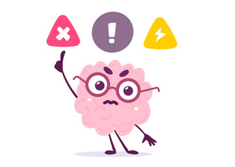 Vector Creative Illustration of Pink Human Brain Character in Glasses with Finger Point Up and Warning Sign on White Background. Flat Doodle Style Knowledge Concept Design of Serious Brain