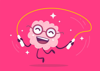 Vector Creative Illustration of Happy Human Brain Character Jumping Rope on Pink Color Background. Flat Doodle Style Knowledge Concept Design of Emotional Brain in Glasses