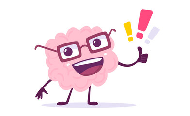Vector Creative Illustration of Happy Pink Human Brain Character with Gesture Thumb Up and Exclamation Point on White Color Background. Flat Doodle Style Knowledge Concept Design of Emotional Brain