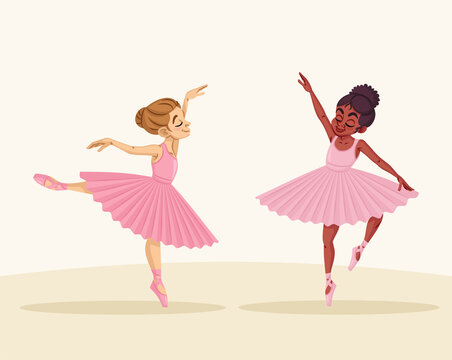 White girl and black girl dancing ballet with tutu outfit