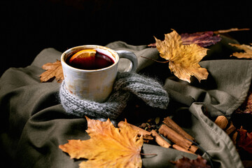 Hot mulled wine with spices and autumn leaves