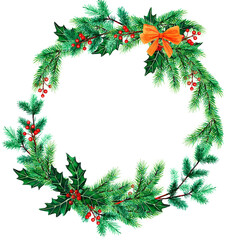 Fototapeta na wymiar Christmas watercolor wreath. Fir tree and holly plant with yellow bow in decorative round frame, isolated on white background.