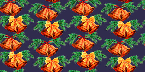 Seamless pattern with watercolor Christmas elements. bells and fir tree branches. On a deep blue background. 
