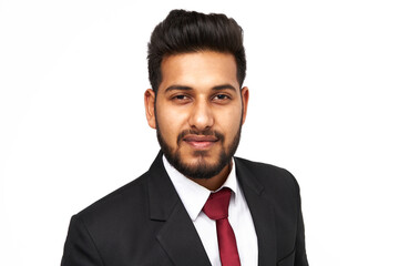 Portrait of young indian business man on white isolated background looking to the camera