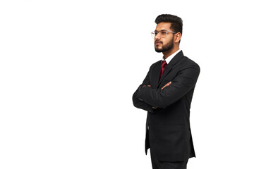 Obraz na płótnie Canvas Portrait of young indian businessman with crossed arms on white isolated background, copy space for text