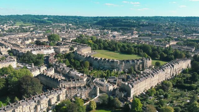 Aerial drone shot of streets with Georgian houses in Royal Crescent, Bath, Somerset, UK