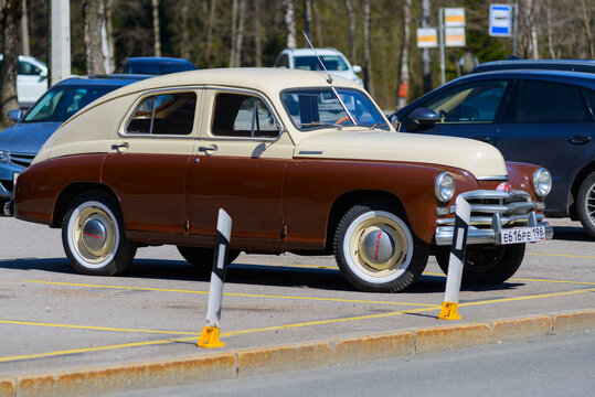 Zelenogorsk, Russia, May 9, 2021-Great looking GAZ-20 (M-20), aka Pobeda on sunny day in May. Fully restored two-colored car, brown and beige, with a lot of chrome details and white painted wheels.