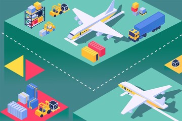 Transport plane at airport, loading aircraft service, isometric vector illustration. Airplane transportation for freight, cargo box.