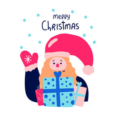 Doodle flat modern illustration. Hand drawn text Merry Christmas, Santa with gift boxes waves his hand.