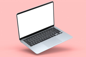 Realistic aluminum laptop with empty white screen isolated on pink background.