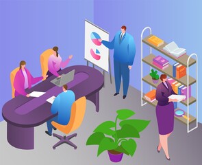 Business teamwork at isometric office, vector illustration, flat man woman character work in room, team use infographic analytics report.