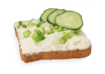 Delicious sandwich with cream cheese, cucumber and chives isolated on white